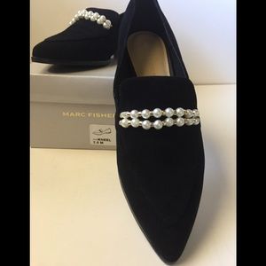 Marc Fisher Black Suede Flats with Pearls 7.5 B